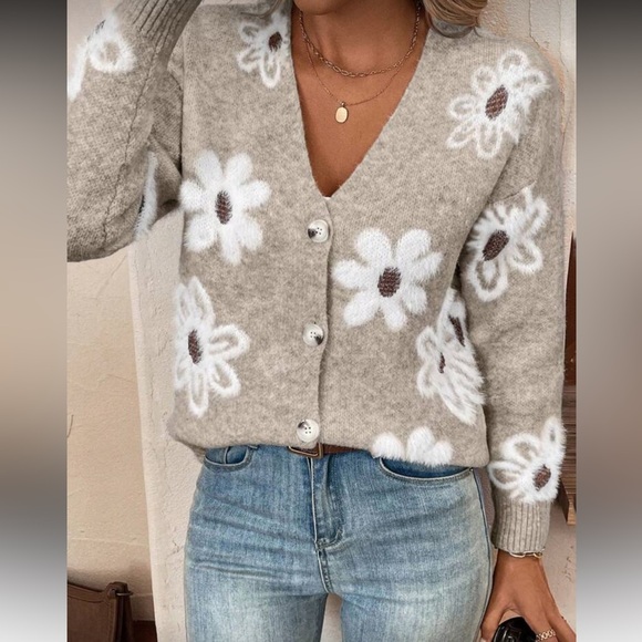 Floral Beige Cardigan Sweater - Picture 1 of 6